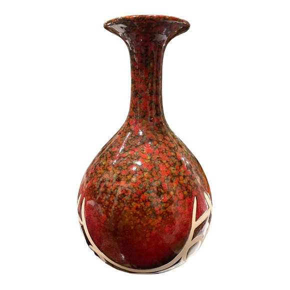 Vintage Red Rust Speckled Earthtone And Unglazed Abstract Design Ceramic Vase - Picture 3 of 16
